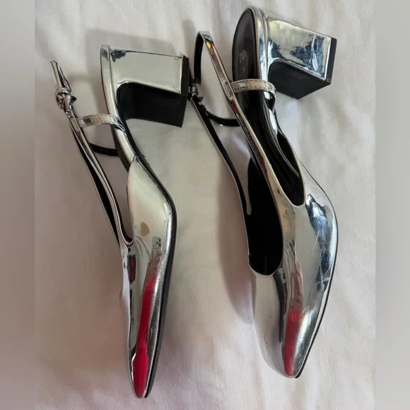 Zara Metallic Silver Slingback shoes heels size 8 Eur 39 - Picture 8 of 11
